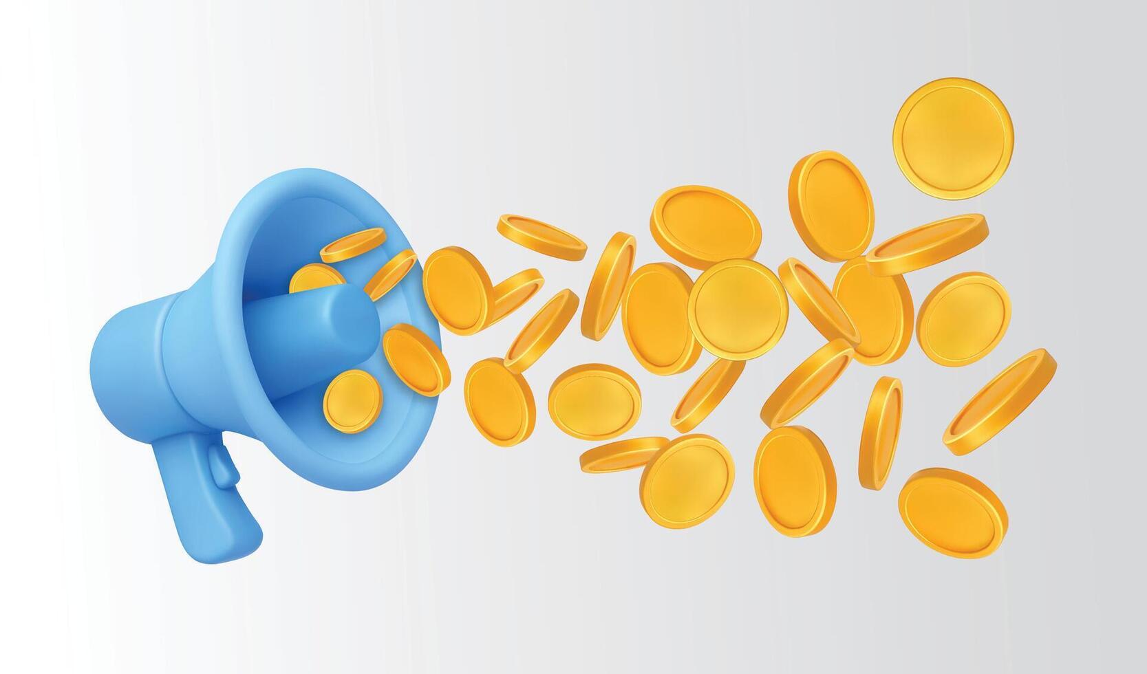 Blue megaphone with gold coins vector
