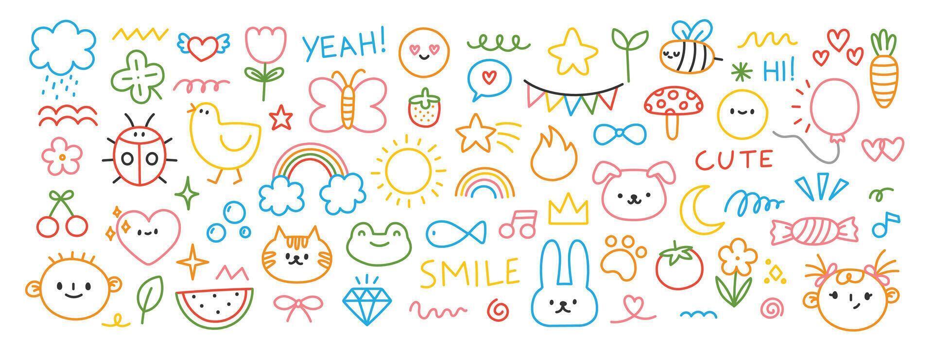 Cute kids doodle. Hand drawn children elements. Simple colorful line sketch kid scribble. Flowers, clouds, rainbow, animals, funny characters. Child kindergarten drawings. set vector