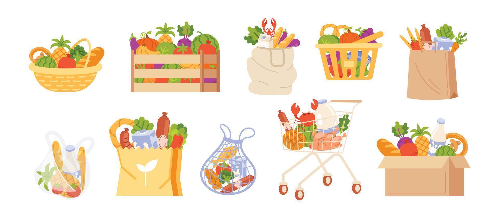 Illustrations of grocery items and containers vector