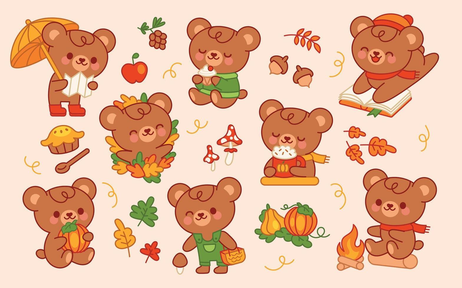 Cute autumn-themed bear illustrations vector