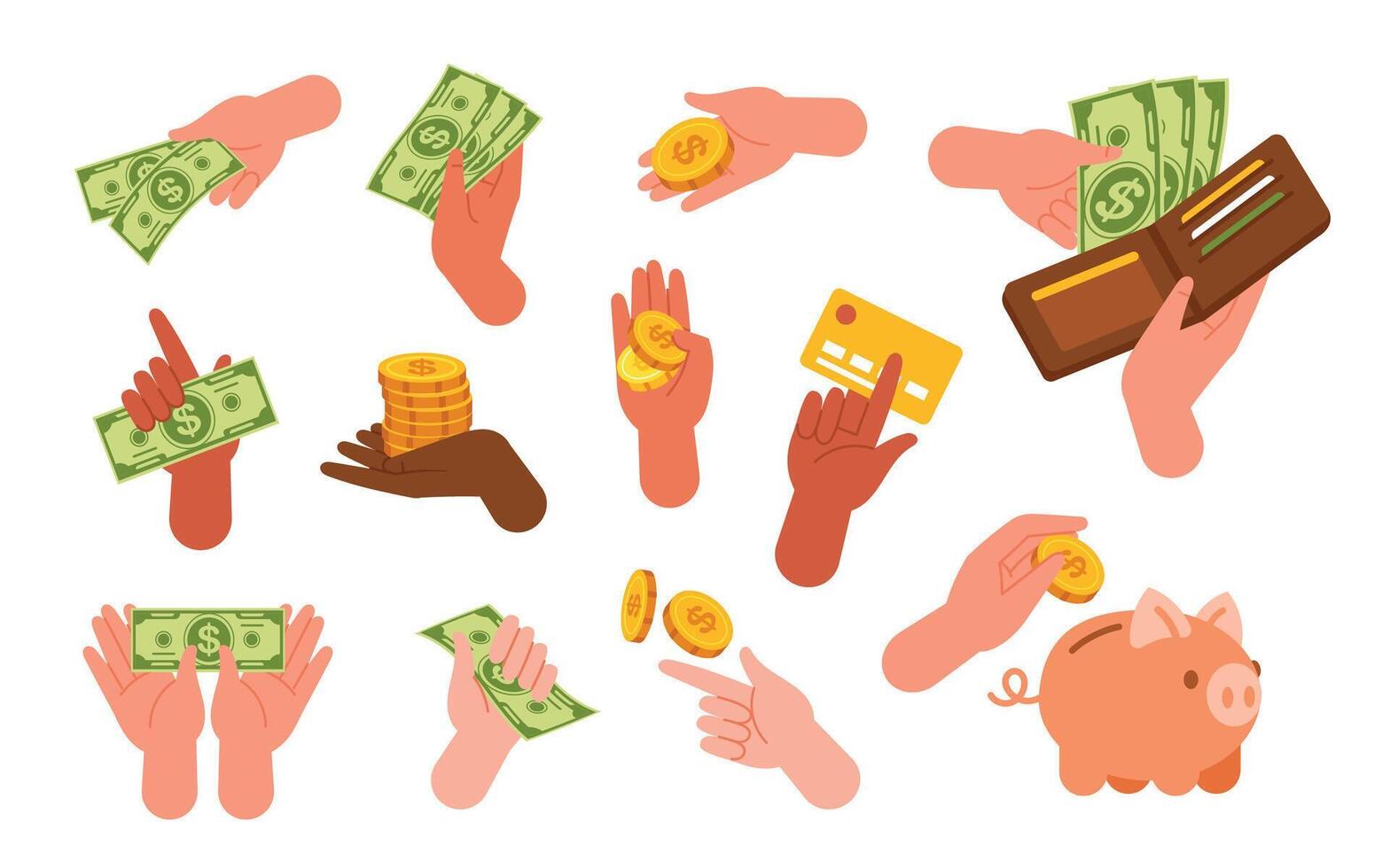 Hands holding money and finance items vector