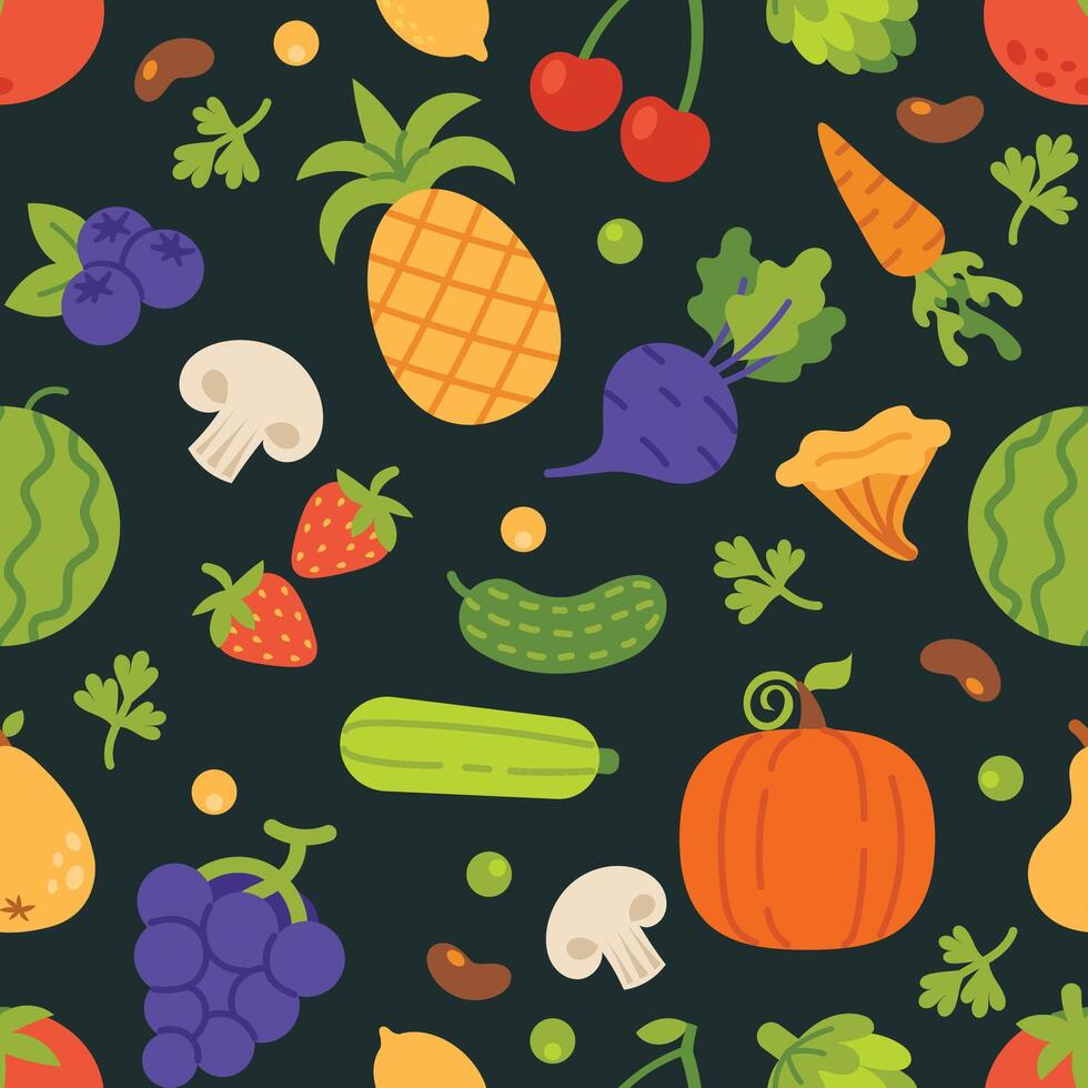 Vegetables and fruits pattern. Seamless texture with fruit and veggies. Background with doodle vegetable, fruits, berries, mushrooms, green plants. Fresh organic food wallpaper vector