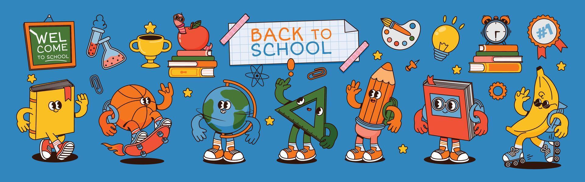 Colorful animated school characters inviting students vector