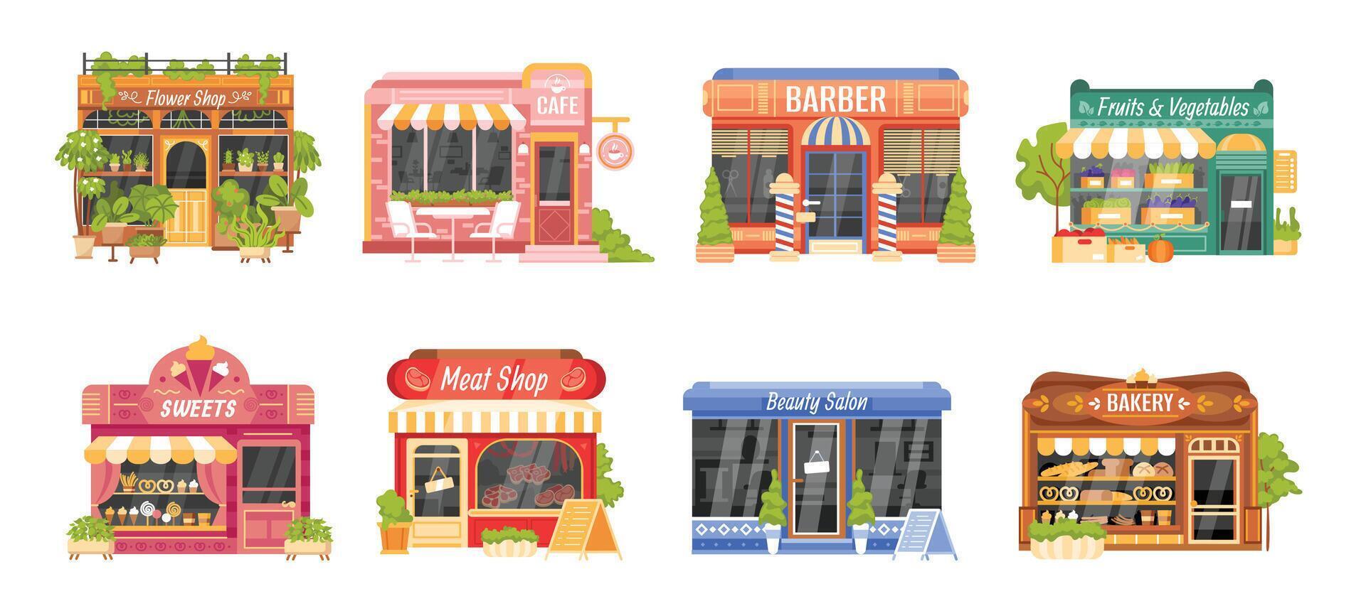 Storefront. Shop facades and buildings. Local farm store, cafe, grocery, little shops, barbershop, flower, bakery. Stores with different exterior, decor elements. set vector