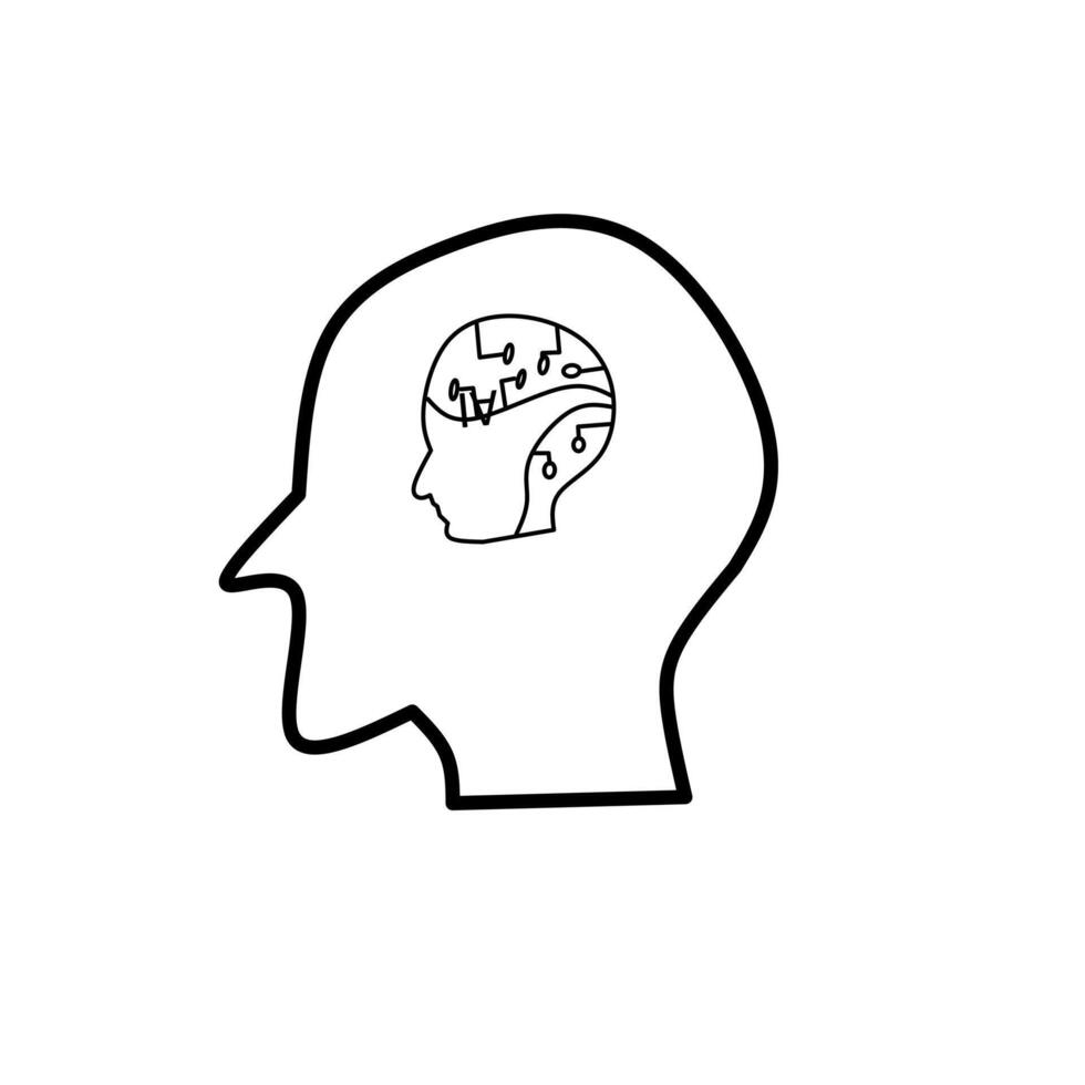 A simple line art illustration of a human head with circuit patterns and AI text symbolizing artificial intelligence and thought vector