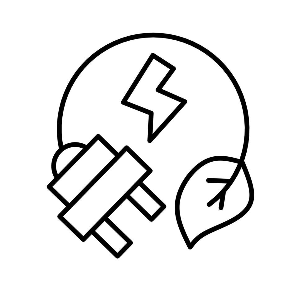 A simple line art illustration of an electric plug lightning bolt and leaf within a circle symbolizing green energy and sustainable power vector