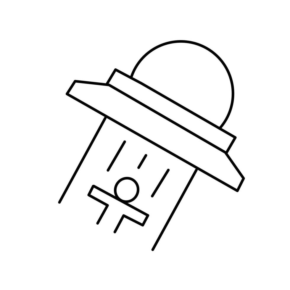 Outline icon depicting a classic UFO spaceship abducting a human figure with a light beam. Perfect for scifi themes, alien concepts, or modern technology designs. vector