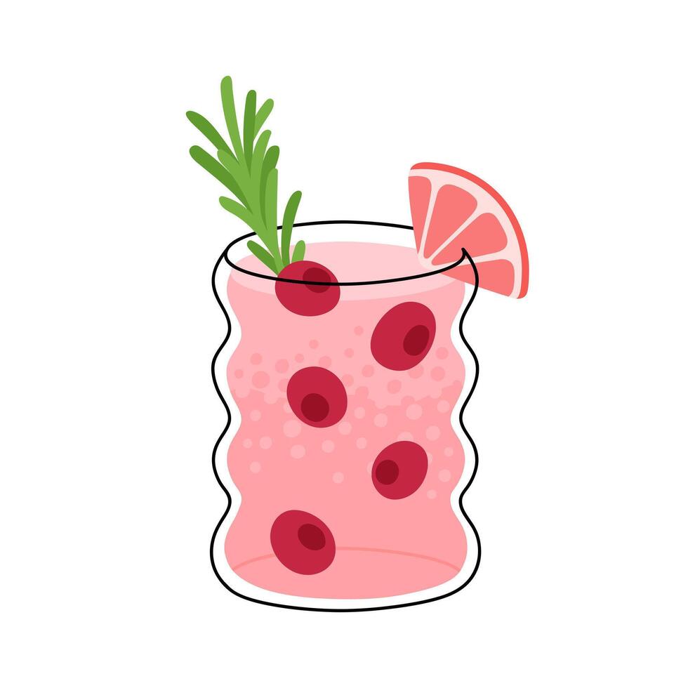 Lemonade decorated slice of grapefruit and sprig of rosemary. Cold summer beverage with berries. Sweet citrus flavored refreshment drink or cocktail in glass. Isolated flat illustration vector
