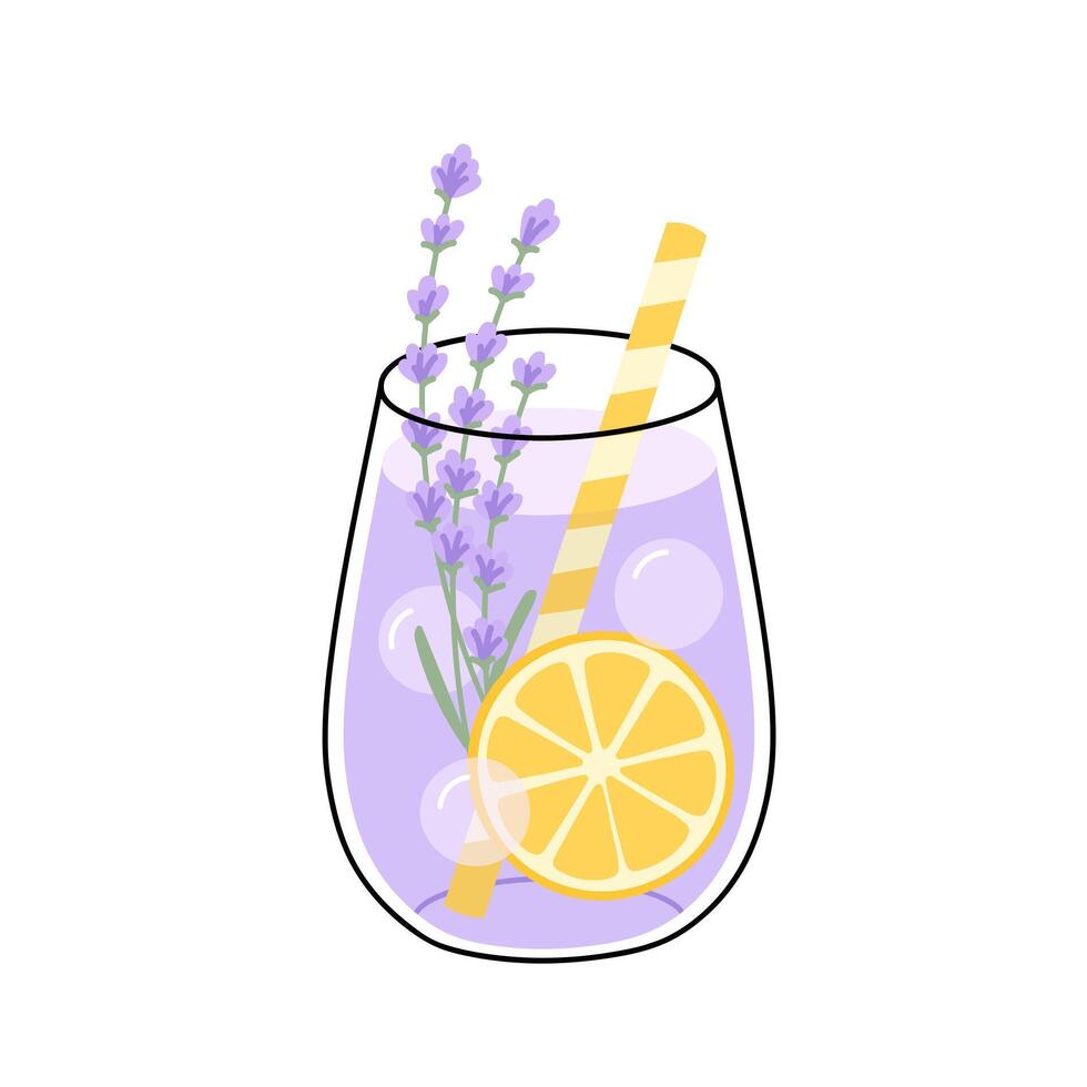 Lemonade decorated lemon slice and lavender flowers. Cold summer beverage with ice cubes. Sweet lavender flavored refreshment drink or cocktail in glass with straw. Isolated flat illustration vector