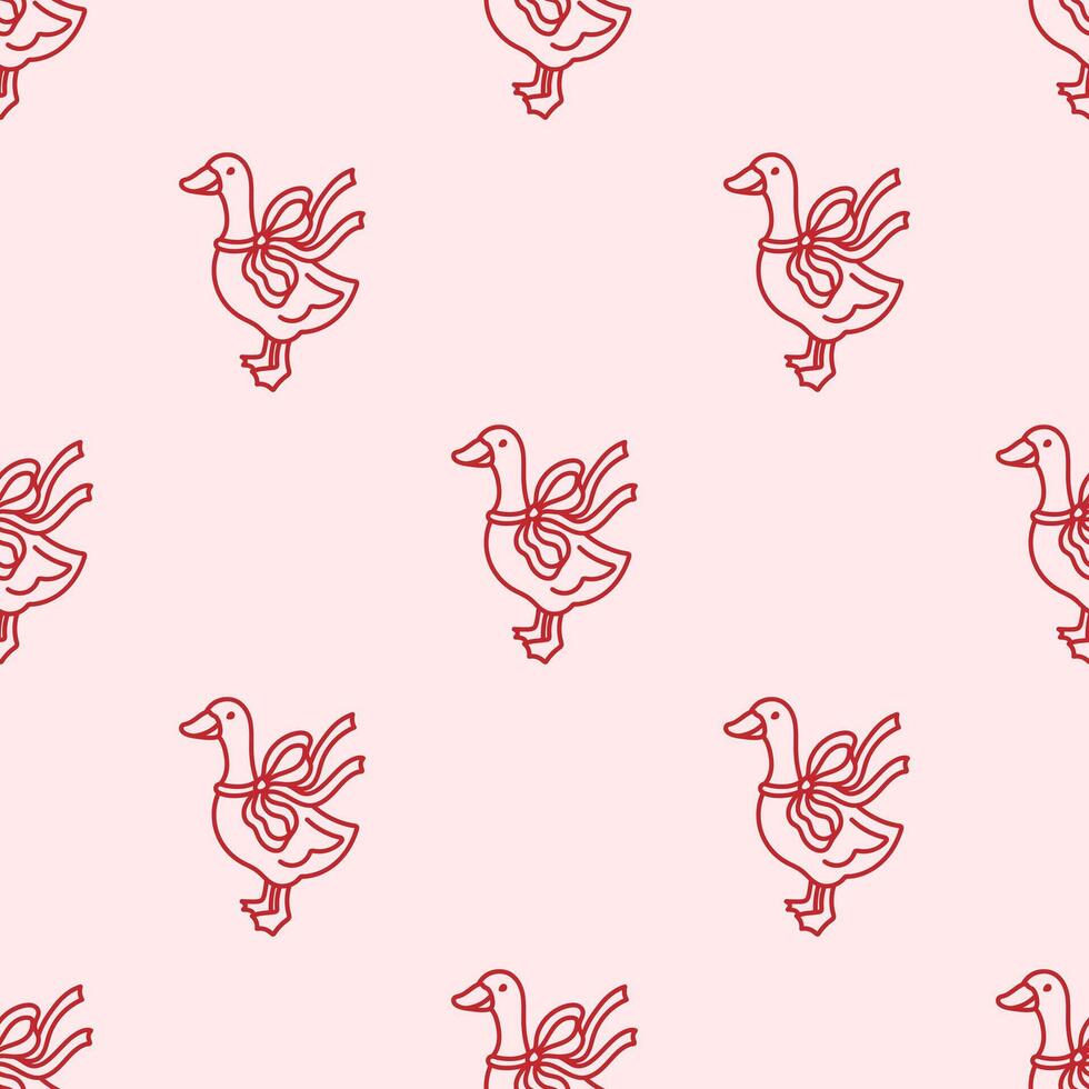 Seamless pattern with Goose decorated coquette bow ribbon. trendy background design with cute bird on pink background. Funny farm animal. Whimsy decorative backdrop vector