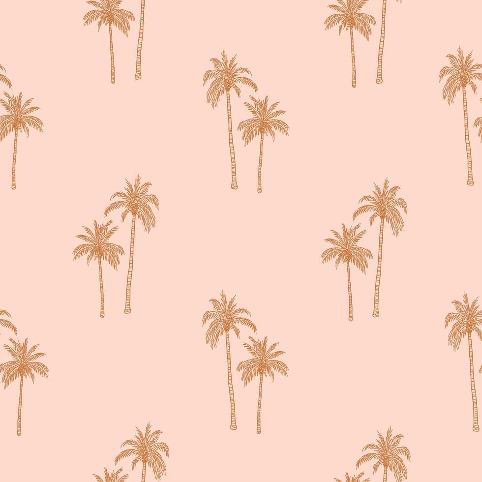 Seamless pattern with palm trees in natural boho tones. Background design with exotic tropical plant silhouette with leaves. Summer beach chic vibe. Botanical hand drawn illustration vector