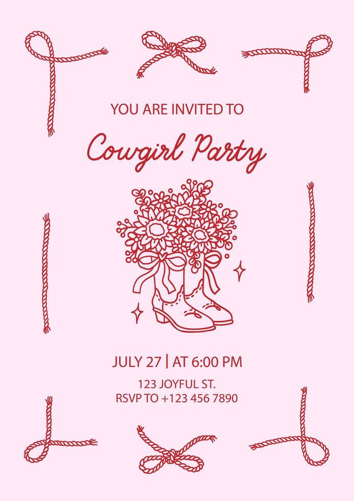 Cowgirl party invitation template with sample text. Cowboy boots vase with beautiful bouquet of sunflowers and coquette bow ribbon. Frame of rope and corde bows with knot tied. Cowboy western concept vector