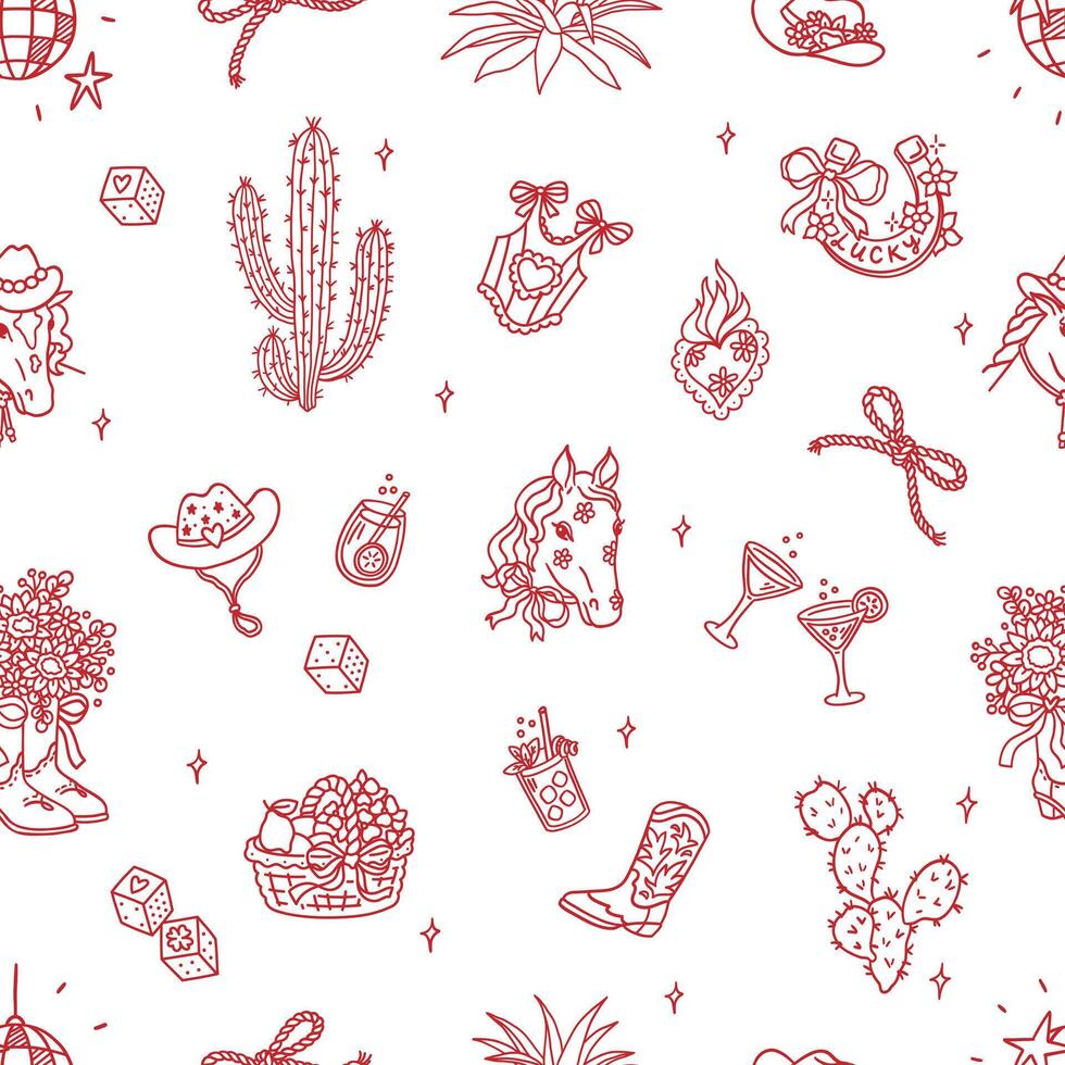 Seamless pattern with cowboy design elements. Wild West trendy background for birthday, wedding, holiday, cowgirls party. Western Aesthetics with good luck symbols, plants, party objects, horse animal vector