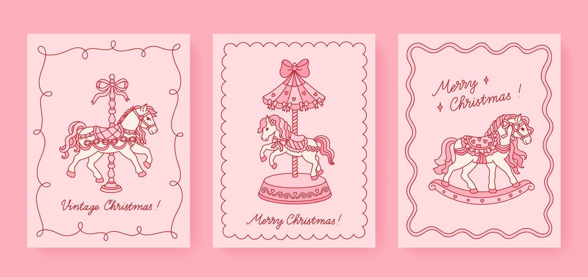 Merry Christmas set of 3 vertical cards with vintage carousel horse, vintage toy rocking horse, bows, hearts. Templates with whimsical animals for invitation, poster, cover. Coquette retro concept vector