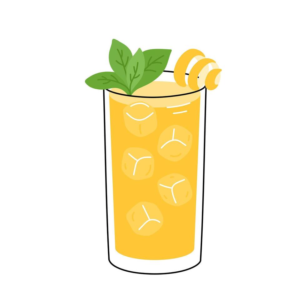 Lemonade decorated lemon peel spiral and mint leaves. Summer beverage with ice cubes. Refreshing drink or cocktail in glass. Flat illustration isolated on white background vector