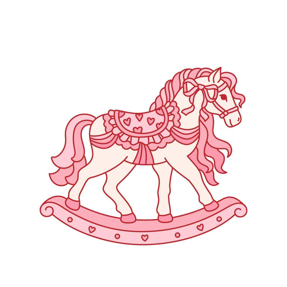 Vintage toy, rocking horse stylized in coquette aesthetic. Whimsical trendy animal with bow ribbon, lace, hearts. Old fashioned pink children toy. Clip art on white background vector