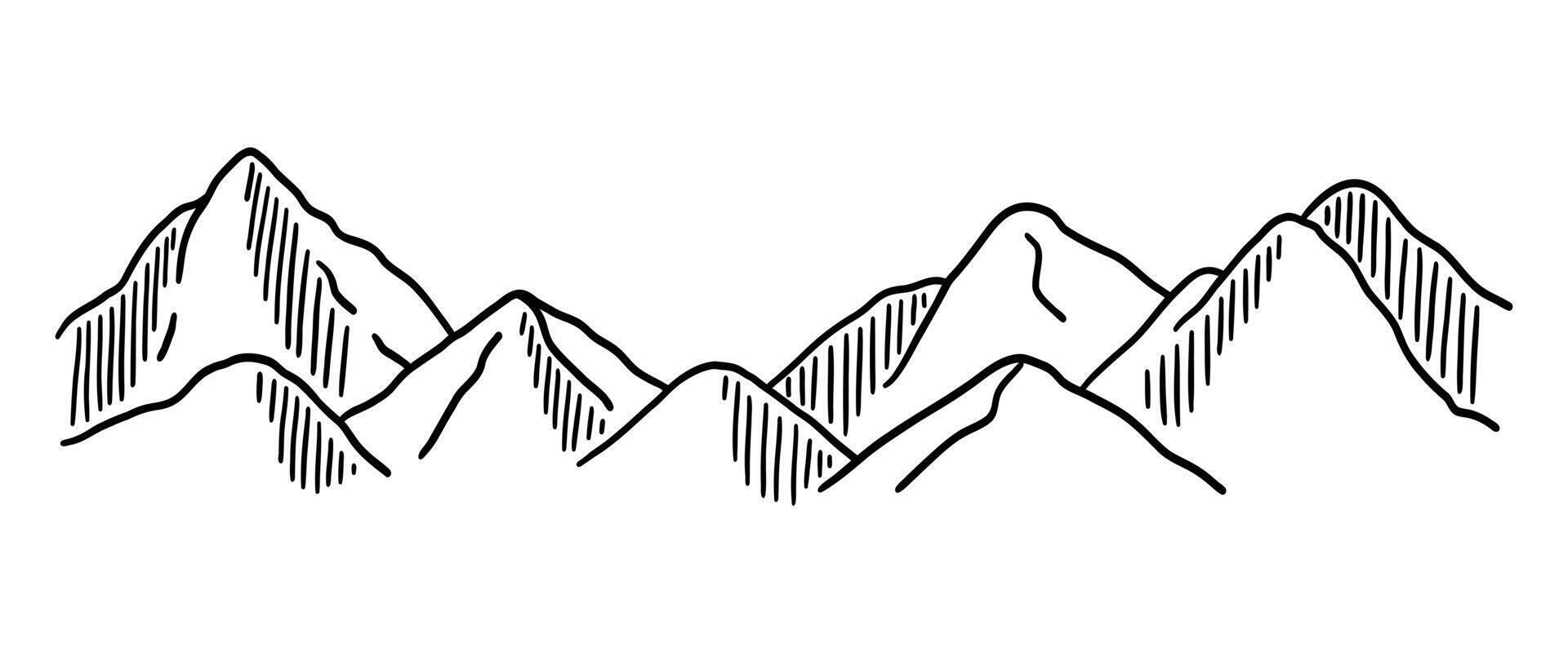 Mountain ridge with top or peak. Rocks or mount for adventure tourism, exploration. Natural relief, touristic landmark. Hand drawn illustration, line art vector