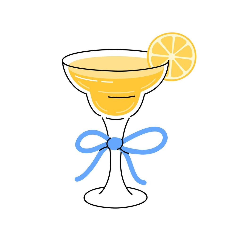 Cocktail holiday drink decorated bow ribbon. Summer party beverage with lemon slice. Refreshing beverage in stem glass. Flat illustration isolated on white background vector