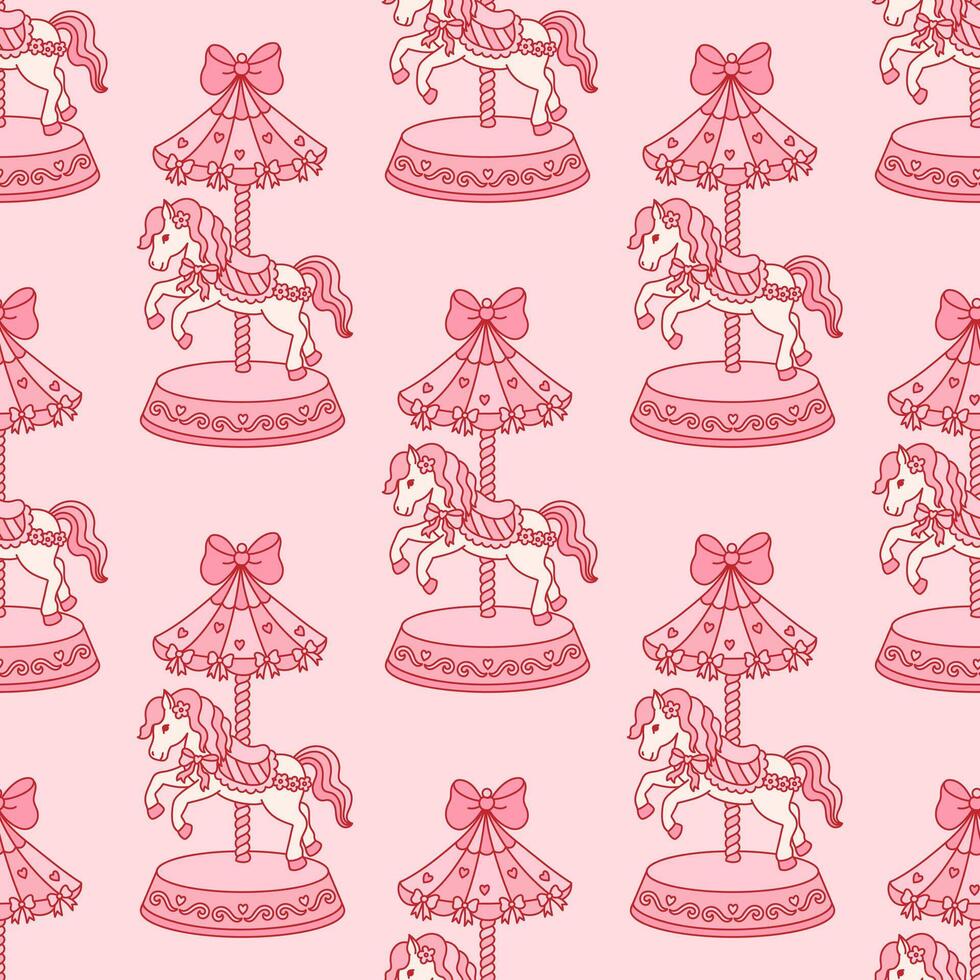 Festive decorative seamless pattern of vintage carousel horse, bow ribbon, hearts. Coquette background with whimsical animal. Vintage backdrop for greeting cards, birthday, christmas, invitations vector