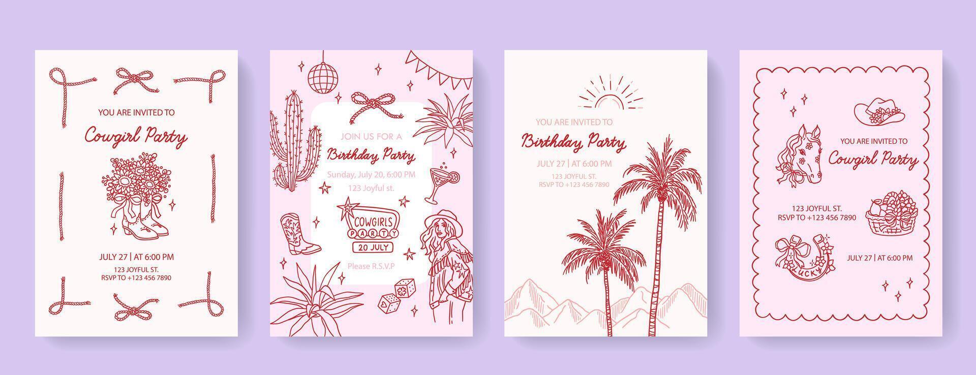 Creative set of 4 vertical cards with sample text and hand drawn design elements. Trendy templates for party, wedding, bachelorette, celebration, ads, banner, cover. Cowboy wild western concept vector