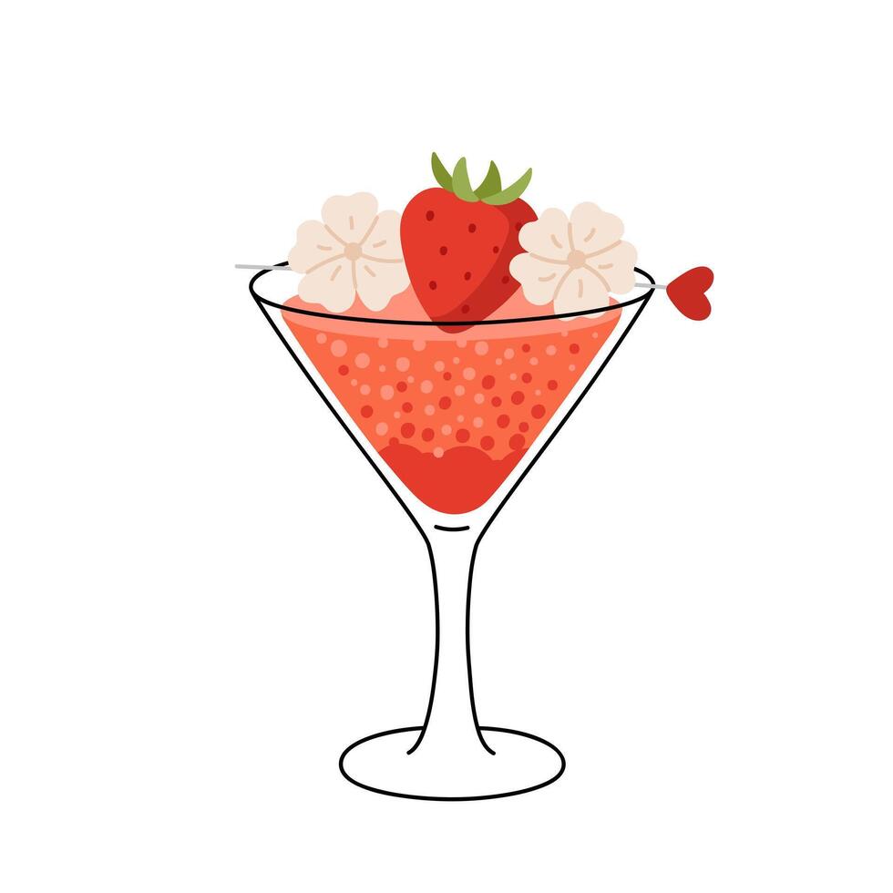 Strawberry cocktail decorated flowers and berry. Summer party drink. Refreshing beverage in stemmed glass. Flat illustration isolated on white background vector