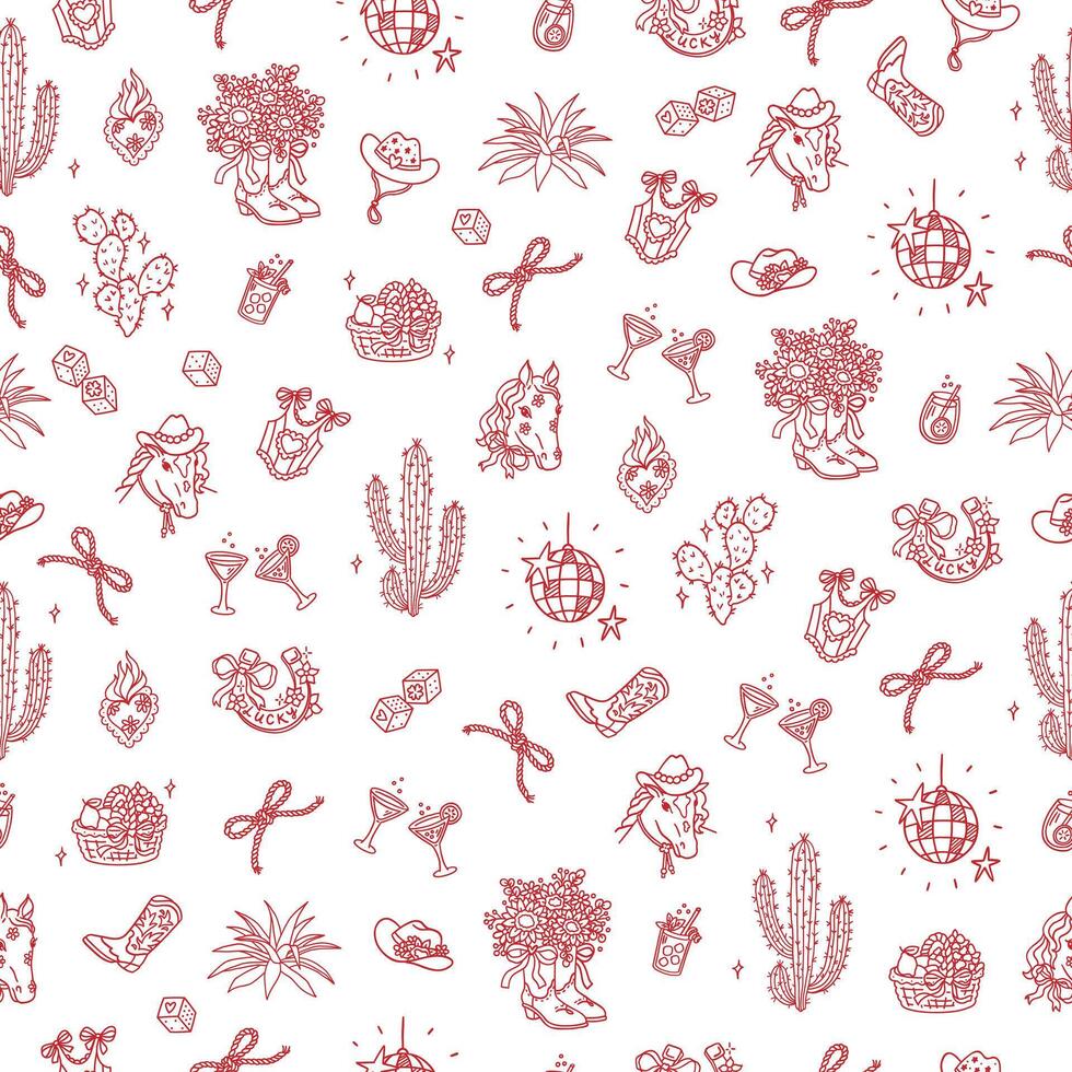 Seamless pattern with cowboy design elements. Wild West trendy background for wedding, holiday, cowgirls party. Rustic Boho Aesthetics with good luck symbols, plants, party objects vector