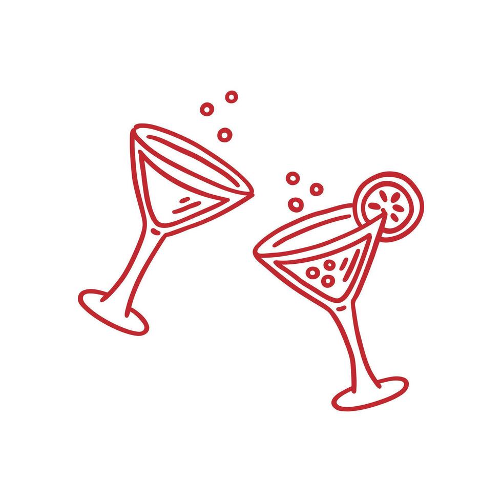 Champagne glasses on stem. Cocktail with citrus fruit lemon or lime. Festive beverage in goblet. Whimsical clipart. Hand drawn decorative element for holiday party invitation vector