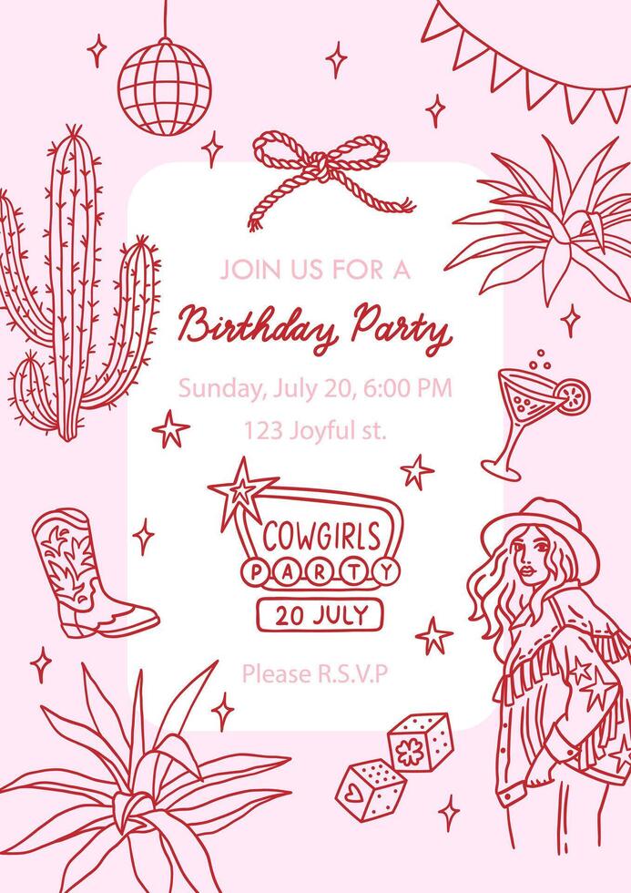 Cowgirl party invitation template with sample text. Hand drawn elements Disco ball, rope bow, cactus, agave, girl, cowboy boots, dice, citrus cocktail, garland, stars. Cowboy wild western concept vector