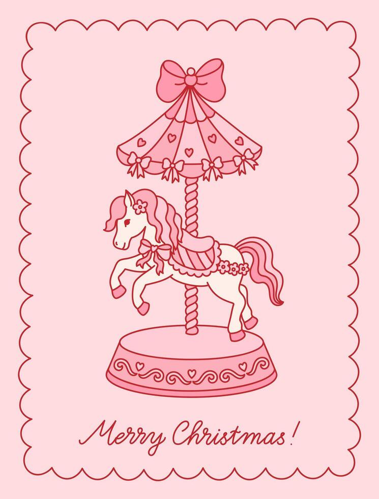 Christmas greeting card with vintage carousel horse, bows, hearts, frame. Coquette retro aesthetic. Template with whimsical trendy animal. Illustration for invitation, poster, cover vector