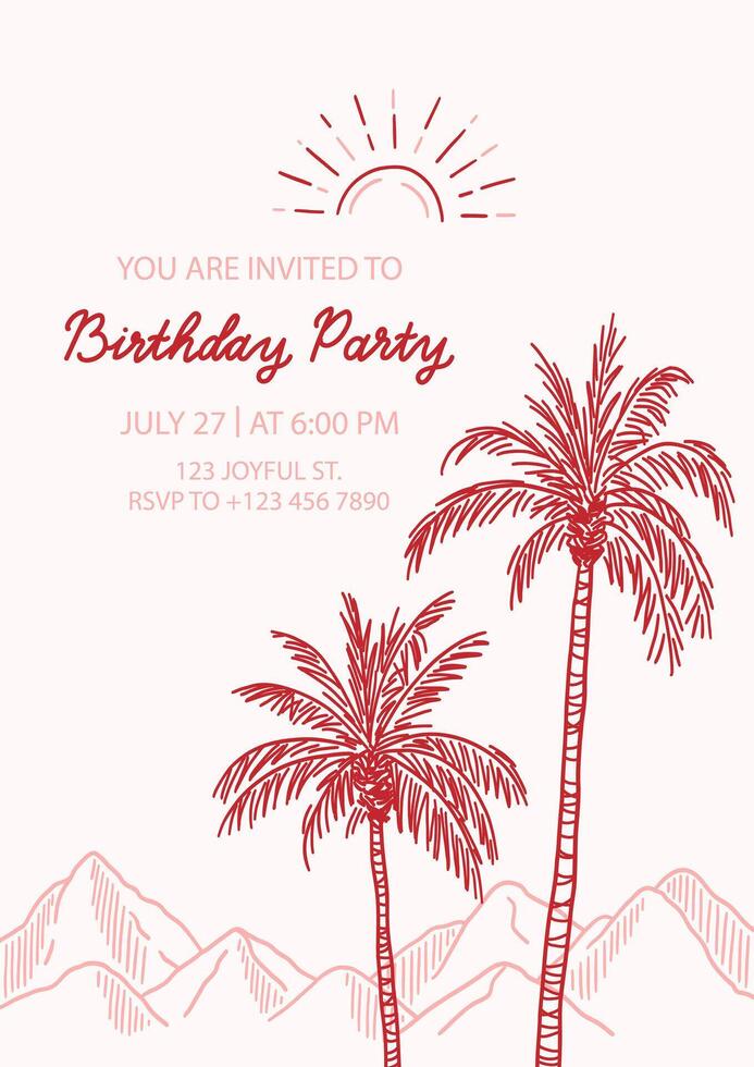 Party invitation template with sample text in natural boho tones. Hand drawn elements palm trees with leaves, mountains, sun. Concept inspired of Southern California. Summer beach chic vibe vector