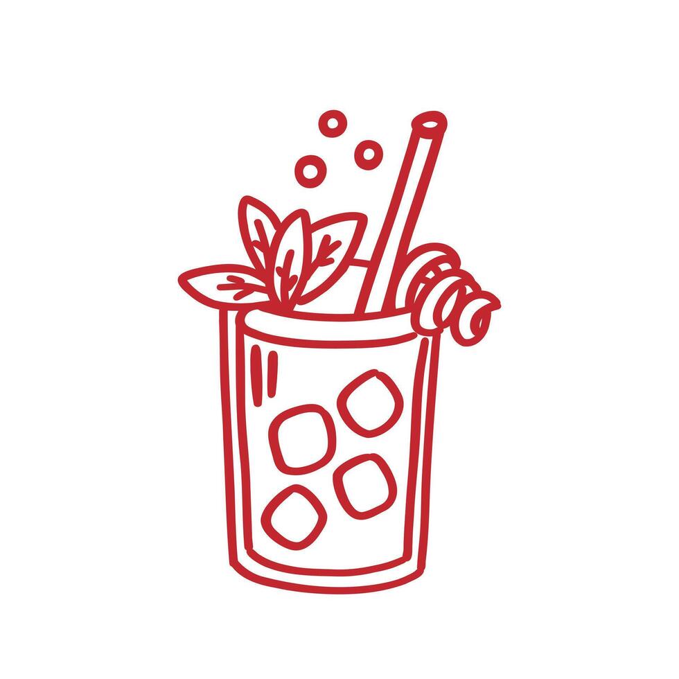 Drink in glass goblet with straw and slice of lemon or lime. Cocktail with citrus fruit lemon or lime. Hand drawn clipart. Decorative element for holiday invitation, menu vector