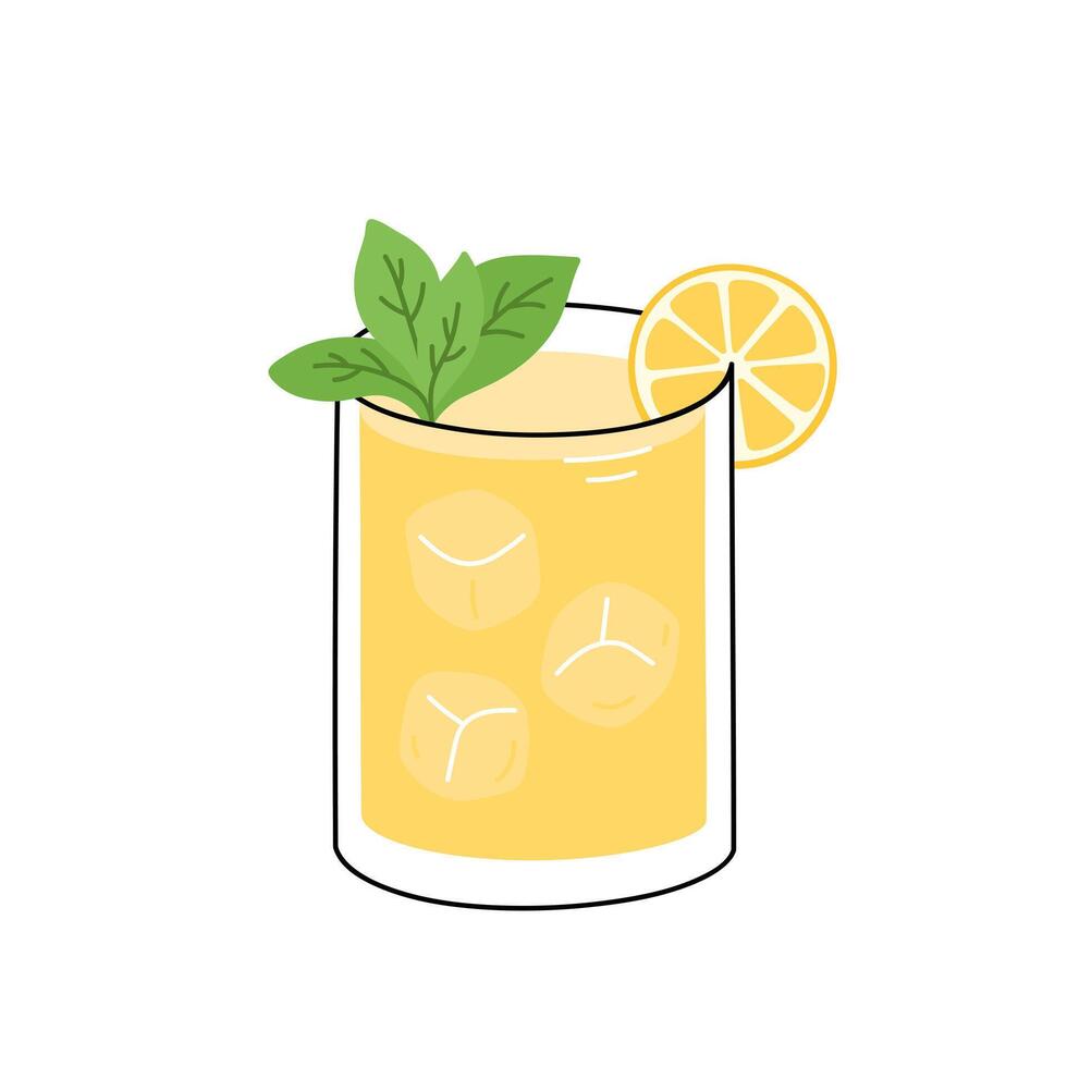 Lemonade decorated lemon slice and mint leaves. Summer beverage with ice cubes. Refreshing drink or cocktail in glass. Flat illustration isolated on white background vector