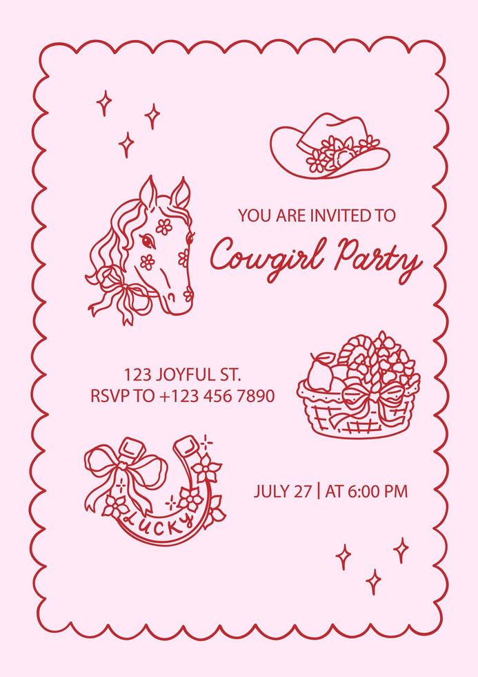 Cowgirl party invitation template with sample text and coquette frame. Hand drawn elements cowboy hat with flowers, horse portrait decorated with bow ribbon, picnic basket, lucky horseshoe, stars vector