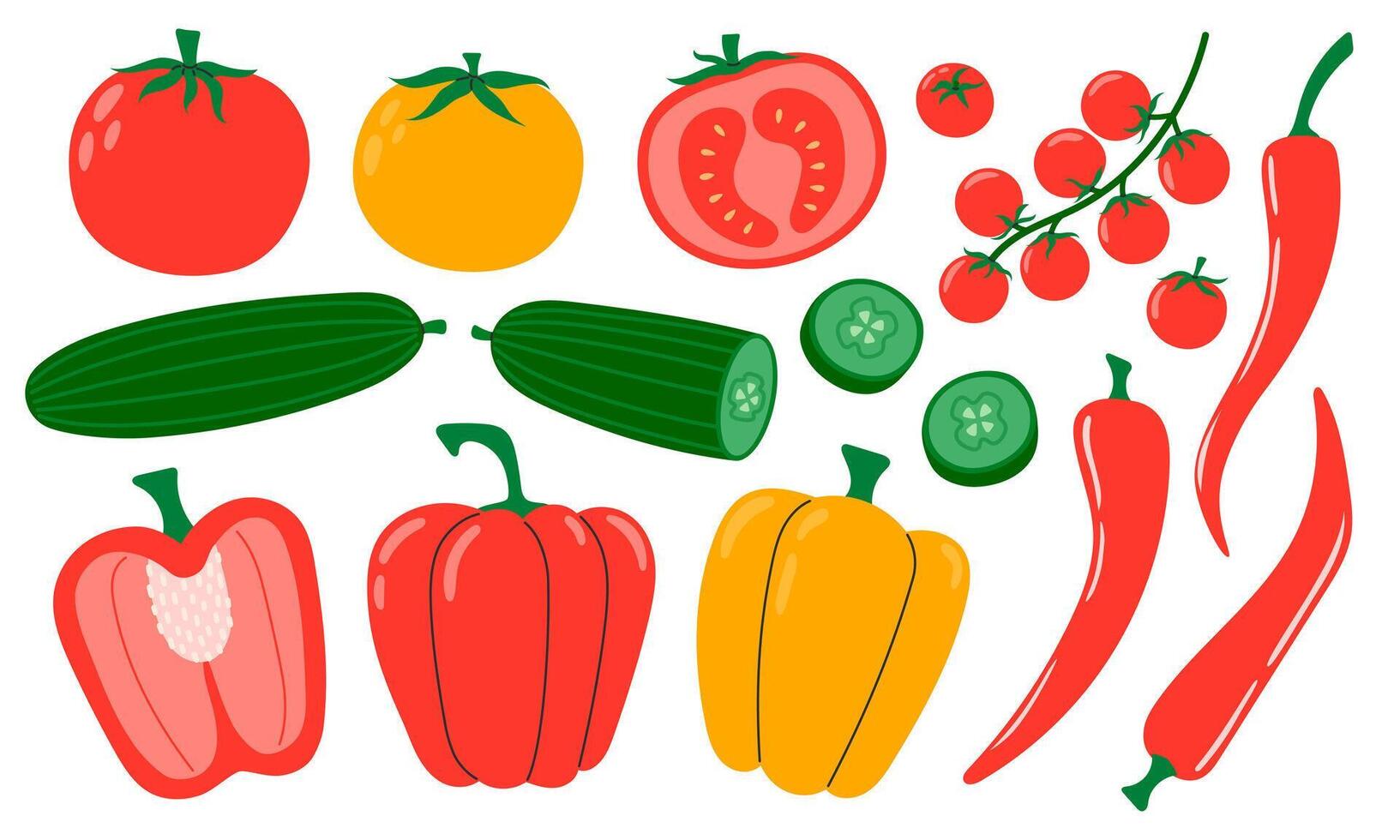 Collection of vegetables tomato, cherry, pepper, cucumber. Healthy vegetarian food. Hand drawn flat illustration isolated on white background vector