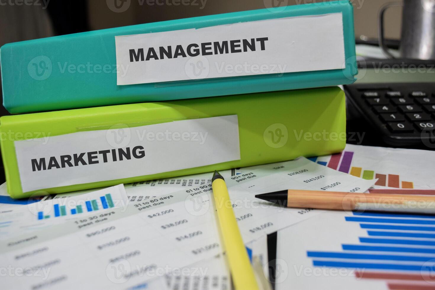 Folders with the label Management and marketing. Business management concept photo