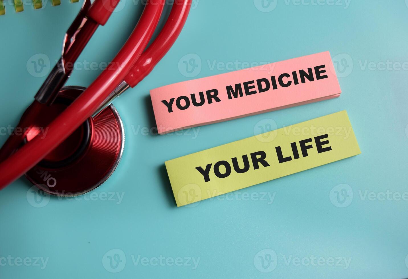 Concept of your medicine your life write on sticky notes isolated on Wooden Table. healthcare and pharmaceutical concept photo