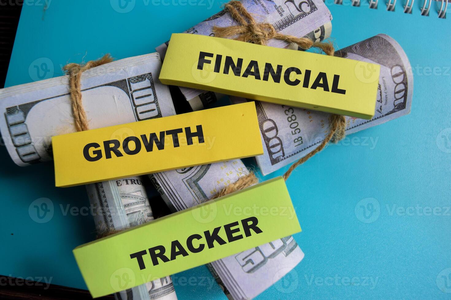 Concept of Financial growth tracker write on sticky notes isolated on Wooden Table. photo