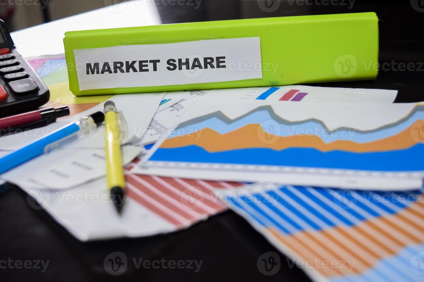 Folders with the label market share. Business management concept photo