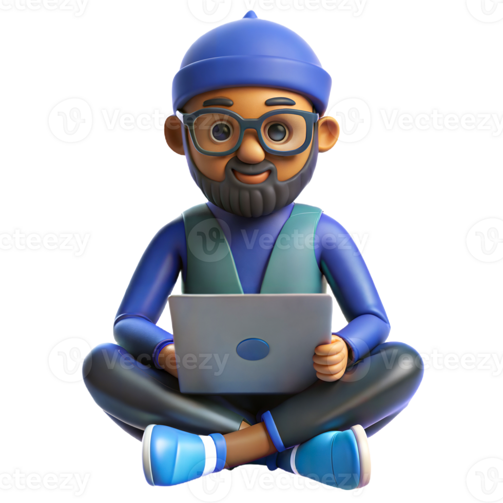 A cartoon man with glasses and a beard sitting on the floor with a laptop png