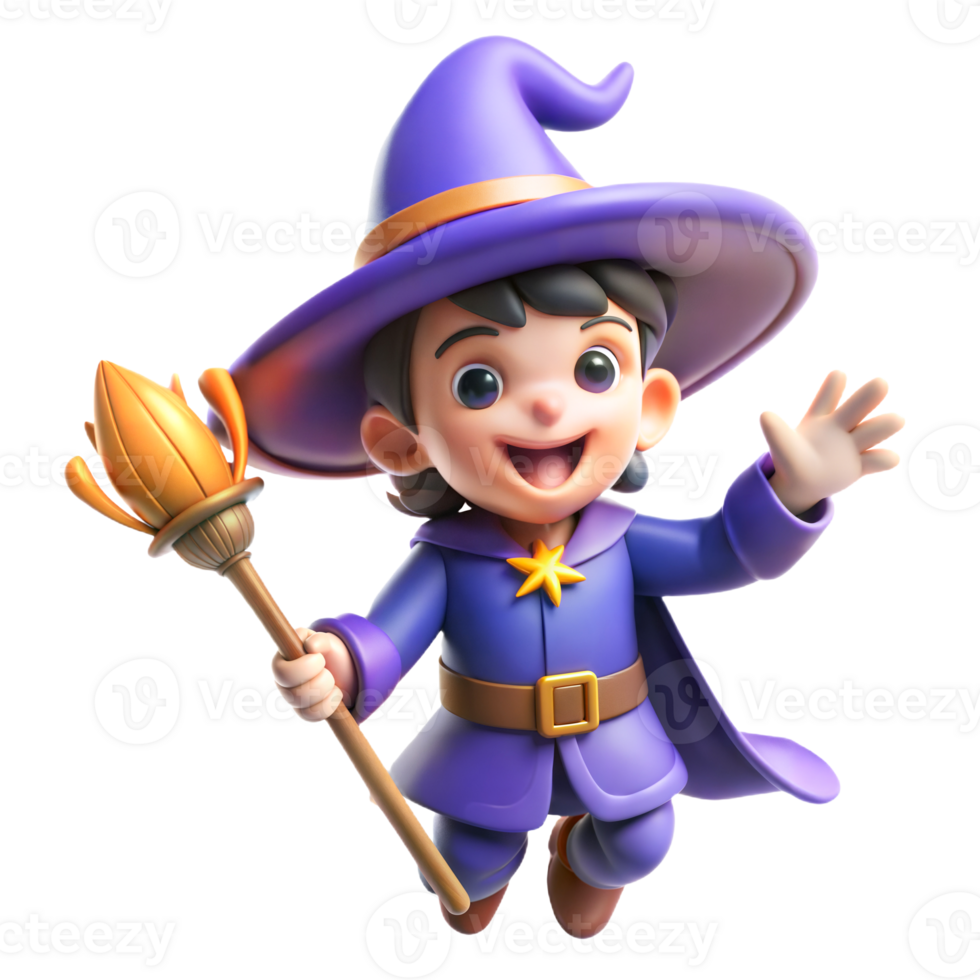 A cartoon witch with a broom and hat png