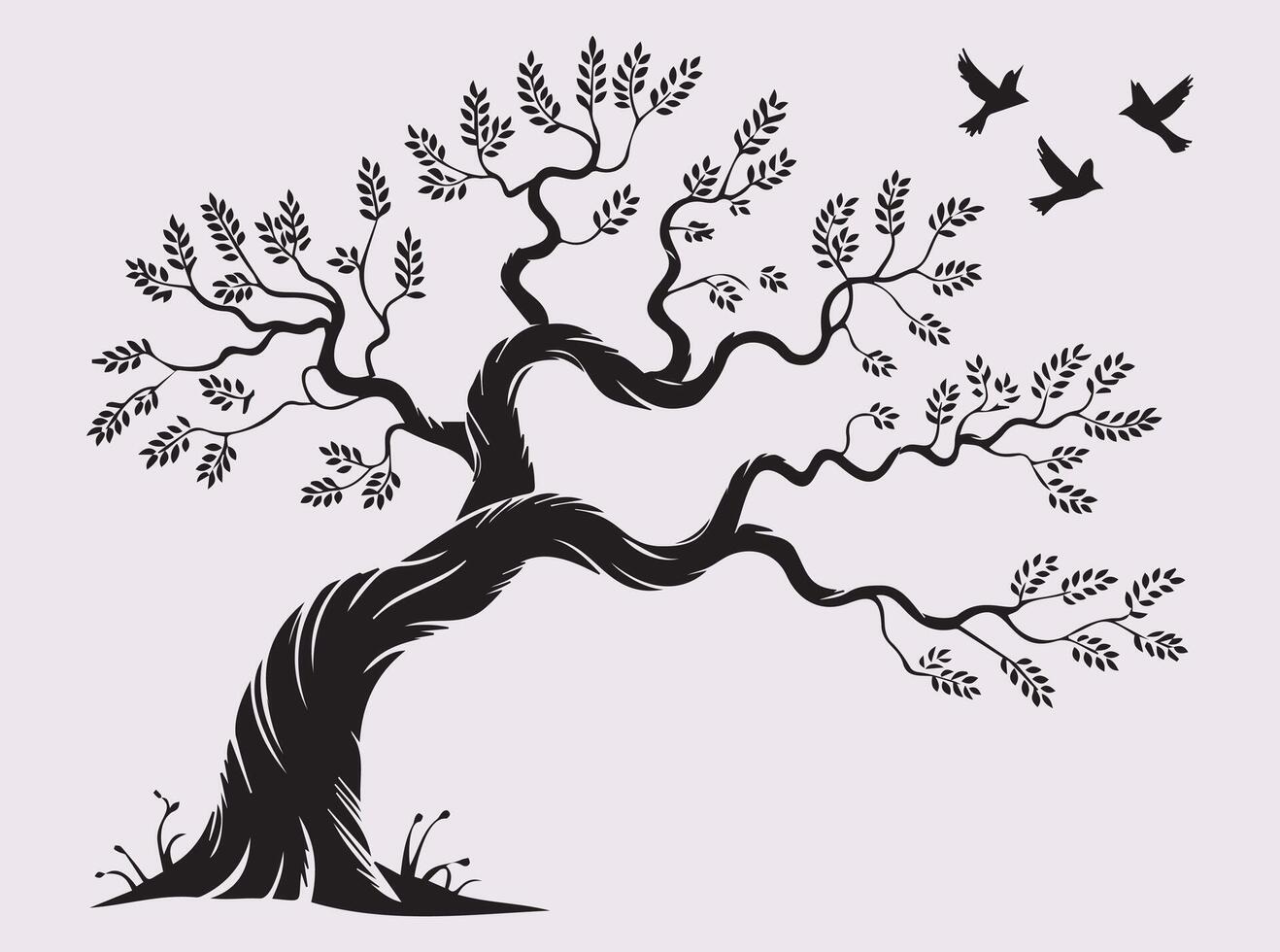 Twisted Tree Silhouette with Flying Birds in Black Minimalist Nature Scene for Artistic Design Projects vector