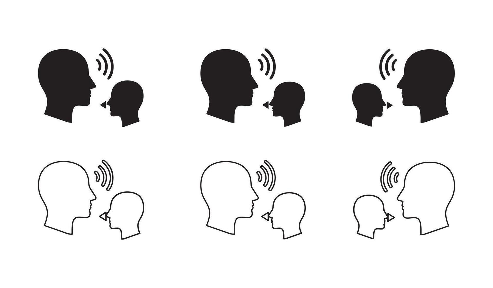 Two people communicating with sound waves between their heads in black and white vector