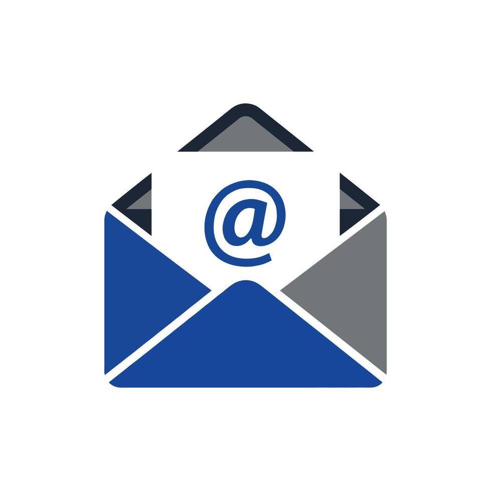 Modern blue and gray envelope icon with at symbol for email communication vector