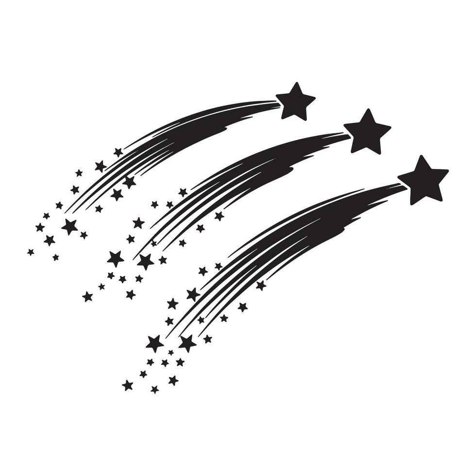Three black shooting stars with trails and many small stars vector