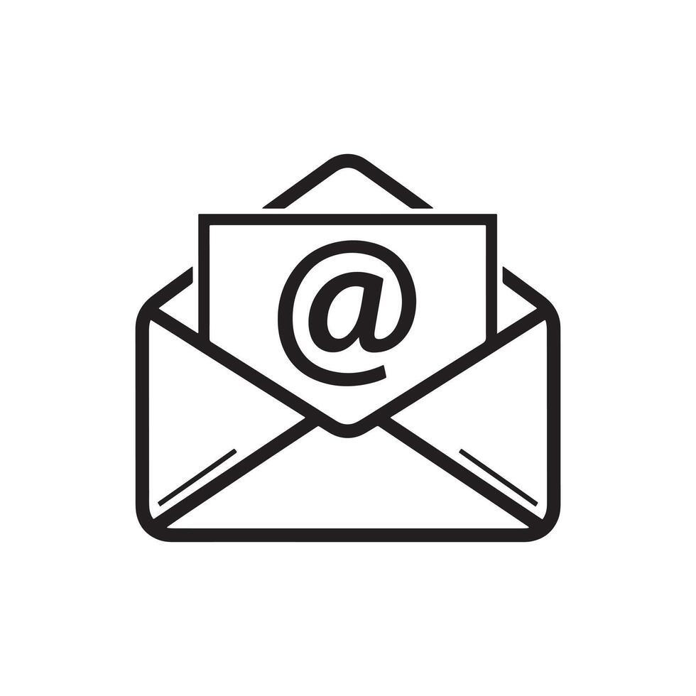 Simple black and white icon of an open envelope with an at symbol vector