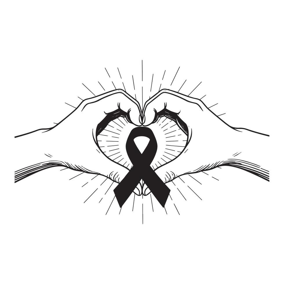 Hands forming a heart shape around a black ribbon with radiating lines vector