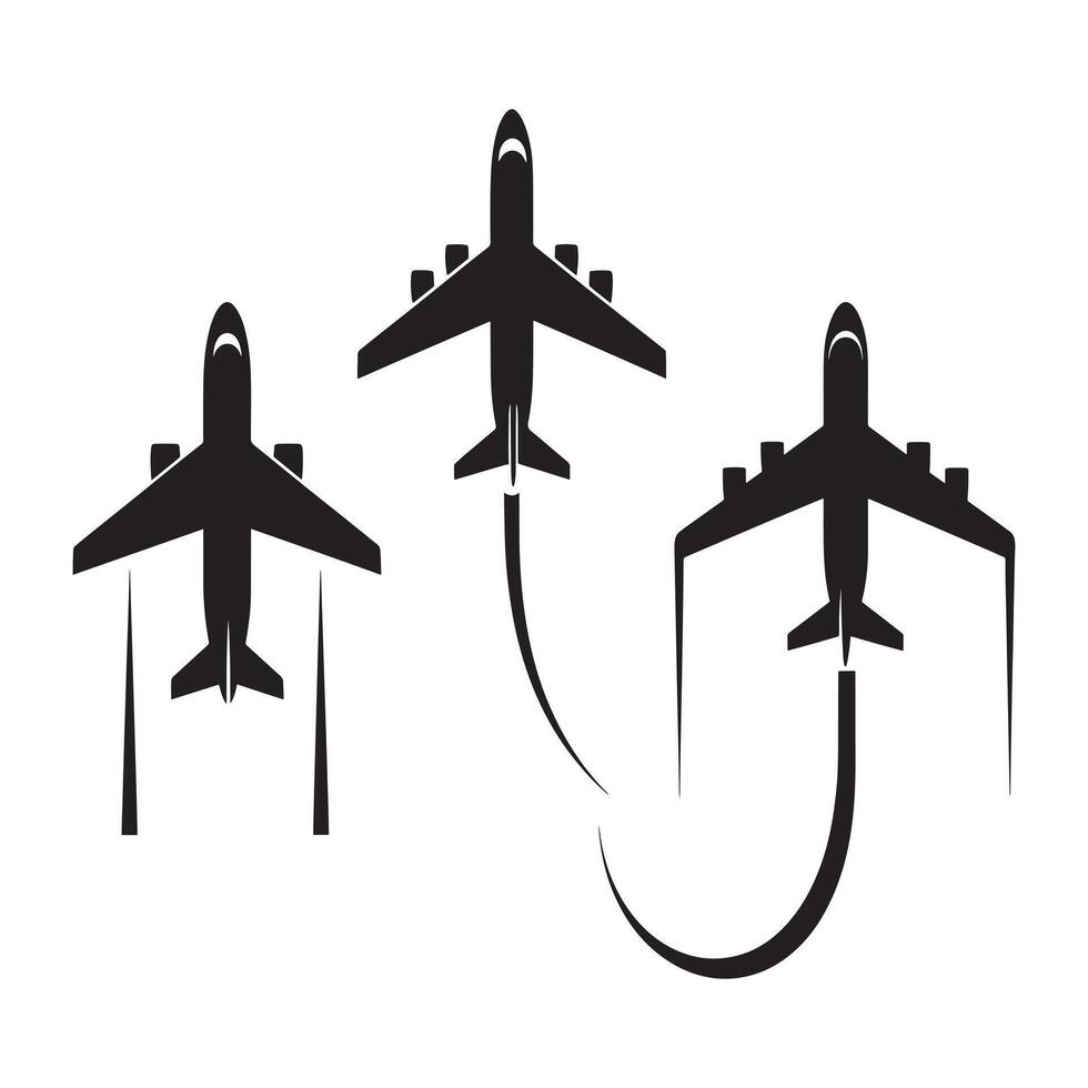 Three black silhouette airplanes in flight with stylized contrails on a white background vector