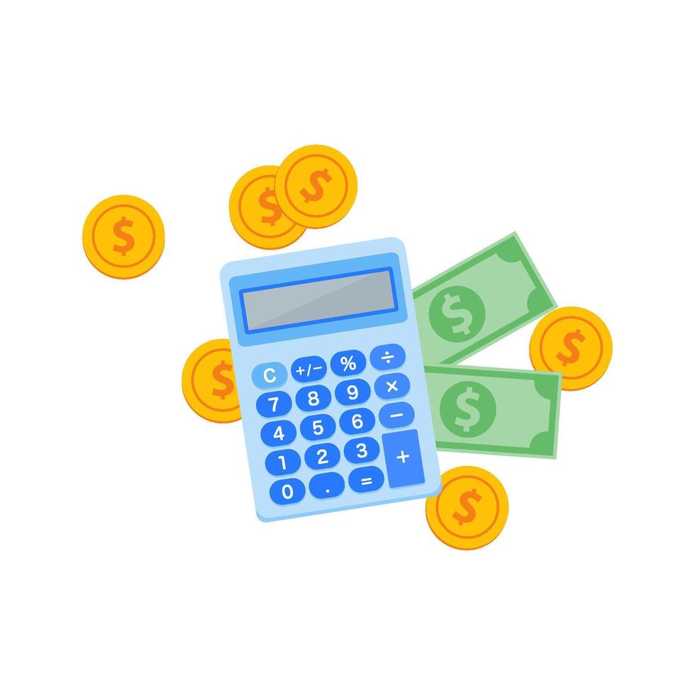Light Blue Calculator with Green Bills, and Gold Coins for Finance vector