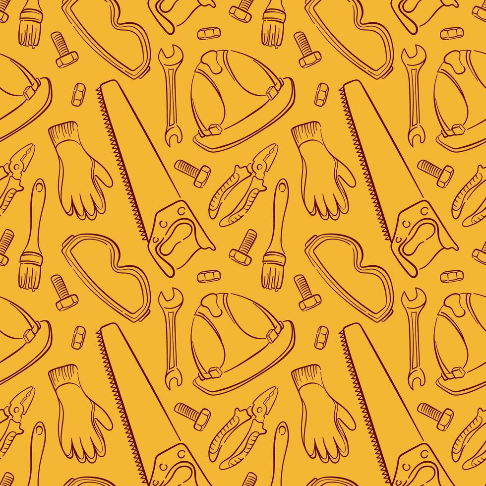 Seamless repair tools pattern in line art style with gloves, saw, pliers, wrench, helmet, brush, bolts and goggles on a yellow background for construction industry. vector