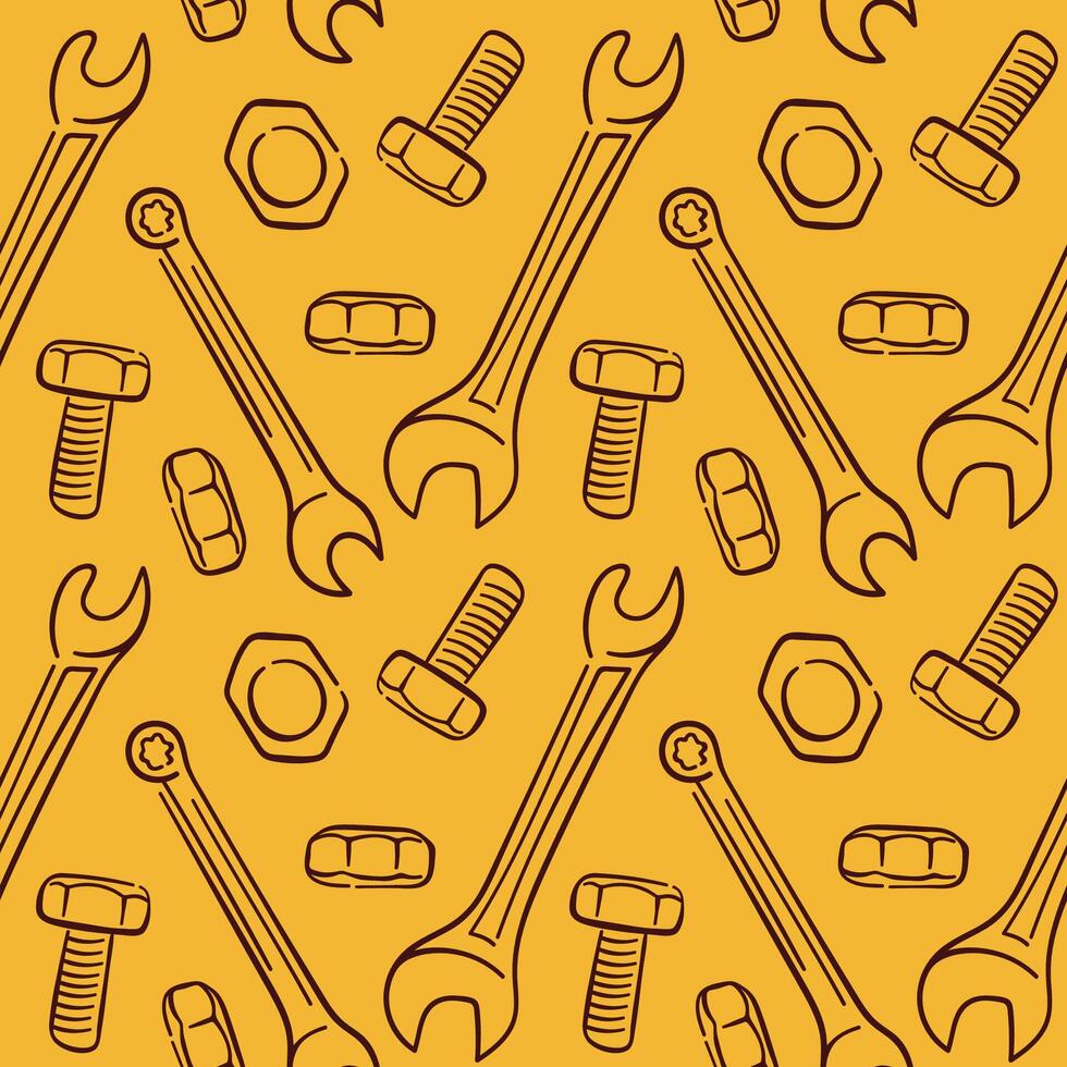 Seamless pattern repair tools in line art style with wrench, bolt, nut and screw on yellow background. Perfect for construction repair store and building design. vector